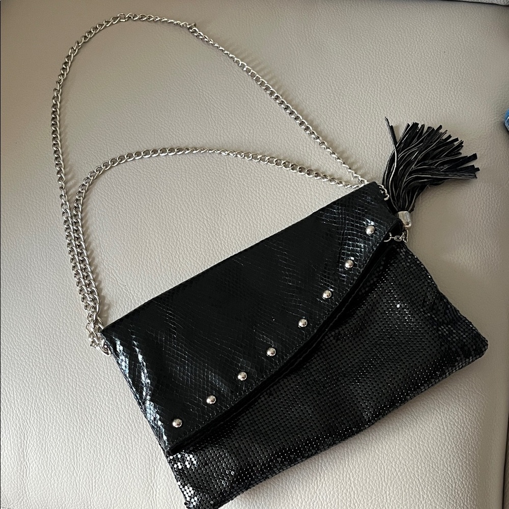 Black Sequin Clutch with Silver Chain